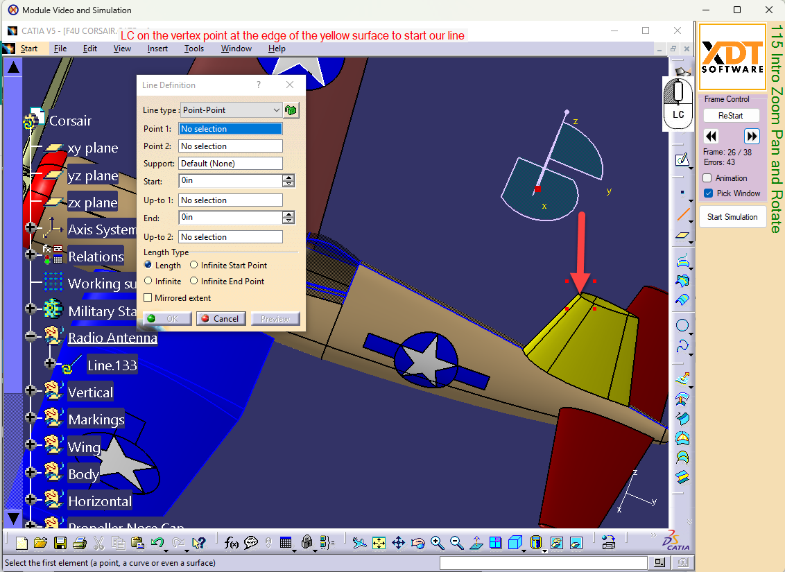 V5Train simulator showing CATIA V5-style guided line creation exercise